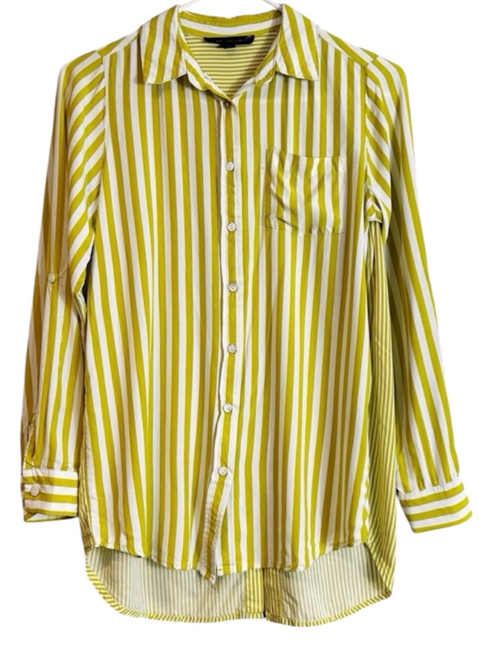 Jane + Delancey Chartreuse Stripe Roll Tab Button Back Blouse FLAW